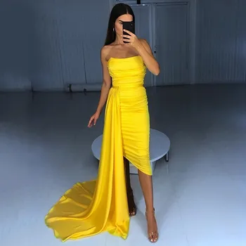 Žltá Ramienok Bez Rukávov Šaty Ples Skladaný Koleno Dĺžke S Bočným Odnímateľný Vlak Večerné Šaty Vlastné Vestidos De Gala 5