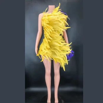 Žltá Sexy Šikmé Rameno Perie Šaty Pre Ženy Karneval Drag Queen Oblečenie, Módne Prehliadky Model Fáze Spevák Kostým 6