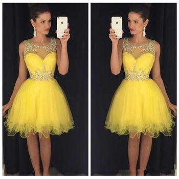 Žltá Tylu Krátke Mini Družičky Šaty Korálkové Crystal Drahokamu Formálne Návrat Domov Prom Party Šaty Pre Dievčatá 2019 Vestidos 1
