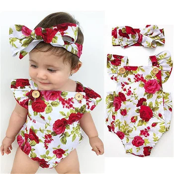 2021 Roztomilý Kvetinový Romper 2ks Baby Dievčatá Oblečenie Jumpsuit Romper+Čelenka 0-24M Veku Ifant Batoľa Novorodenca Oblečenie Set Hot Predaj 7