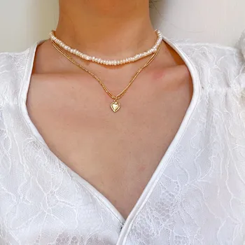2021 Trend Elegantné Šperky Multi-layer White Pearl Reťazca Srdce Prívesok Náhrdelník Unquie Ženy Módny Náhrdelník Veľkoobchod X029 11