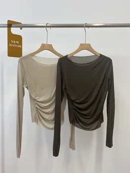 2021 Začiatku Jesene, Super Mäkké Textílie Skladaný Klesnutie Tričko Ženy Sexy Topy 2