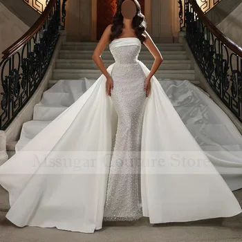 2022 Lesklé Svadobné Šaty Odnímateľný Vlak Perly Perličiek Svadobné Šaty Na Zákazku Plus Veľkosť Vestido De Noiva 2
