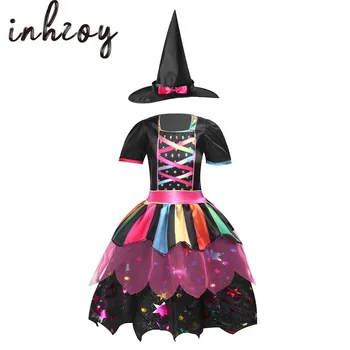2ks Deti, Dievčatá Halloween Roztomilé Čarodejnice Cosplay Šaty Set Kostým Lístkového Rukáv Rainbow Farebné Pruhy Hviezdy Tlač Vrstvený Šaty 3