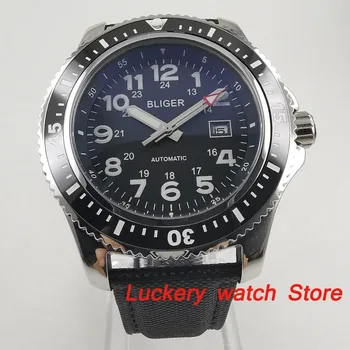 44 mm BLIGER black dial Svetelný saphire sklo, čierne Keramické Rámu Automatického pohybu pánske hodinky-BA132