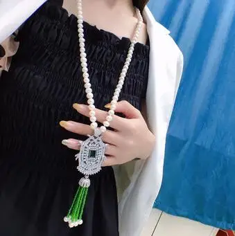 925s Prírodné sladkovodné perly jade sveter reťazca 7-8mm takmer kolo náhrdelník s príveskom, strapce zirkón krištáľové šperky 7