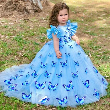 ACML Kráľovská Modrá Kvetina Dievča Šaty s Butterfly Spp Rukáv 2022 Nové Rukáv Nadýchané A-Riadok Nové Prišiel Quinceanera Šaty Fille 7