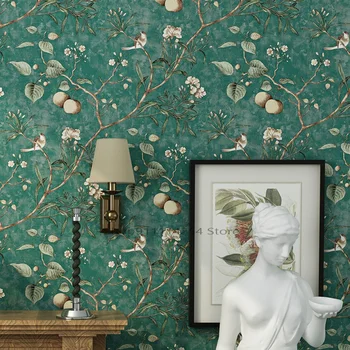 Americký krajiny tapety rustikálnom štýle vintage, nostalgické obývacia izba, spálňa tmavo zelené kvety a vtáky TV zadnej stene papier