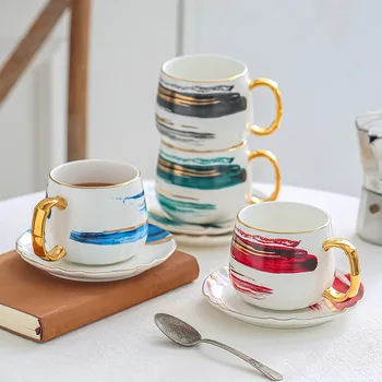 Atrament maľovanie série matné zlato šálku kávy tvorivé akvarel atrament keramické teacup hrnček s keramickou doskou hrnček kávy 8