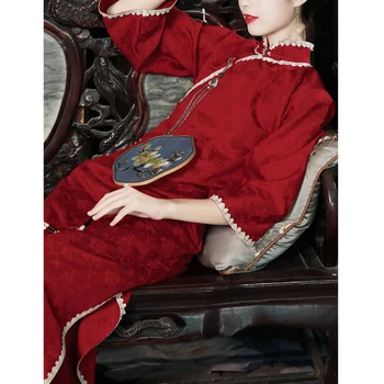 ChiNian Čínsky Štýl, Bavlnená Posteľná Bielizeň Stojan Golier Žakárové Červené Svadobné Šaty Qipao Pre Ženy Móda Vintage Cheongsam Toast Šaty 6