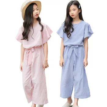 Dospievajúce Dievčatá Oblečenie Set sa 2022 Letné Ružové, Modré Pruhované Krátke Tričko Širokú Nohu, Nohavice Oblek pre Deti, Dievčatá, Deti Tepláková súprava 5