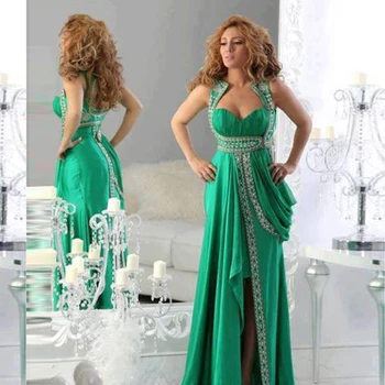 Dubaj Večerných Šiat, Maroko Kaftan Milú, Perlové, s Kamienkami Sexy arabské Moslimské Smaragdovo Zelená Prom Party Šaty 2
