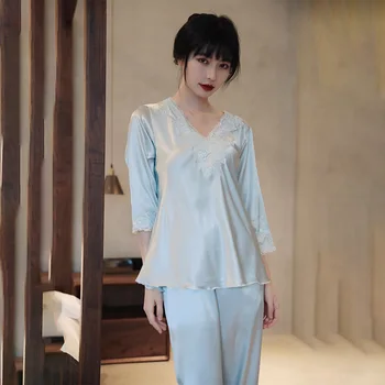 Dámske Pyžamo Nastaviť 2021 Lete Nové Hodváb Nightgown 2ks Vyhovovali tvaru Pevné Sexy Odev Domáce Oblečenie Čipky Sleepwear 2