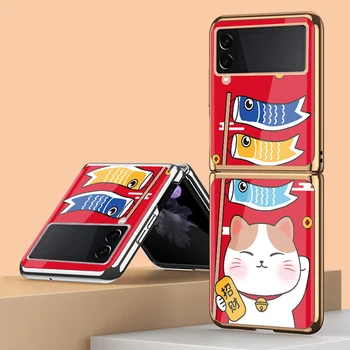 Funda obal pre Samsung Galaxy Z Flip 3 Z Flip 2 5G Cartoon Kapor Šťastie Mačka Pokovovanie Tvrdeného Skla Ochrana Telefónu puzdro 6