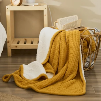 Jednoduchá, čistá farebná bavlna hrubé pletené deka Nordic baránok dole teplá deka gauč kryt deka malé pokrytie 1