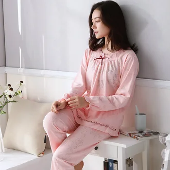 Jeseň Zima Pyžamo Pre Dievčatá Pletené Bavlny Pajama Sady Dlhý Rukáv Vytlačené Tenké Ženy Pyžamá Bežné Mäkké M-3XL Pijamas 7