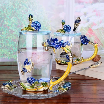 Kreatívne Modrá Ruža Smalt Crystal Šálku Čaju Kávy Hrnček Motýľ Rose Maľované Kvet Vody Poháre Číre Sklo s Lyžica Set 8