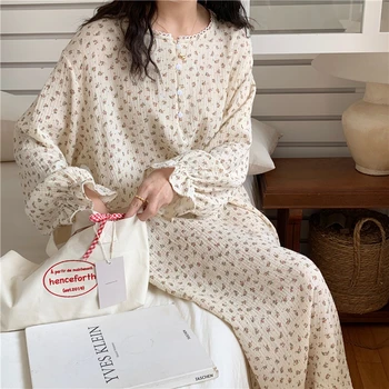 Kvetinový Tlač Kórejský Jar Nightgown Ženy O-Krku Tlačidlá 100% Bavlna Dlho Sleepwear Sladké Bežné Nightdress Doplnky, Oblečenie Pre Voľný Čas 14