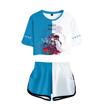 Leto Dve Dielna Sada Genshin Vplyv hra cosplay kostým T shirt 3D Ženy Nastavuje v pohode Rosy pupok Topy a Krátke Nohavice 7