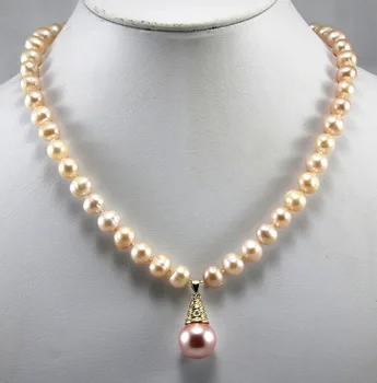 najjednoduchšie módny dizajn! veľkoobchod/maloobchod 8 mm žltá shell perlový náhrdelník+14 mm pink pearl prívesok 14