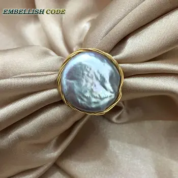 NOVÝ Návrhár zlaté drôty s veľkými rozmermi, barokový umelo pestované perly ruku, aby krúžok svetlo šedá šedá farba pre ženy darček 16