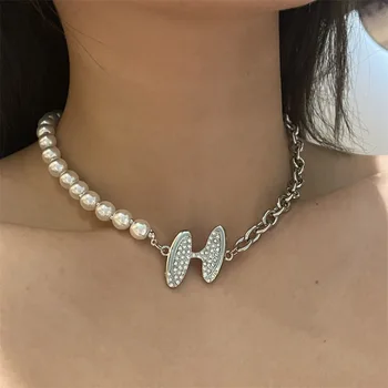 Pearl Motýľ Clavicle Reťazca Choker Náhrdelník pre Ženy Collares Para Mujer Drahokamu Krku Golier Šperky 1