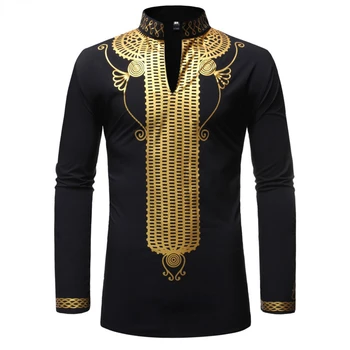 Pánske Luxusné Zlaté Tlač Afriky Tričko Značky Mandarin Golier Dlhý Rukáv Tribal Top Blúzky, Košieľka Homme