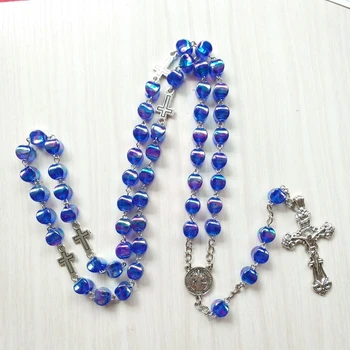 QIGO Modrá Akryl Strand Vintage Náhrdelník Ježiš Kríž, Ruženec, Neckalce Katolíckej Náboženskej Modlite sa, Šperky Pre Mužov, Ženy 3