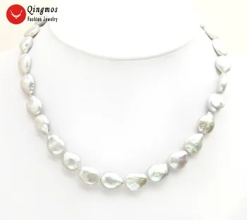 Qingmos Trendy Prírodné Perlový Náhrdelník pre Ženy s 14 mm Oválne Mince Šedá Sladkovodné Perly Chokers Náhrdelník Šperky 17