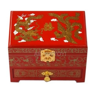 Retro Čínsky 3 Vrstvy Dreva Skladovanie Šperky Box s Zrkadlo Dragon Phoenix Svadobné Náramok Zobraziť Okno Kontajner puzdro