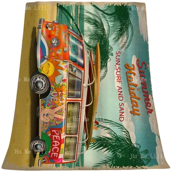 Surfovať Van Letné Prázdniny Plagát Retro Autobus Costa Rica Pláže, Palmy, Slnko Surfové A Piesku Flanelové Deke Ho Ma Lili 3