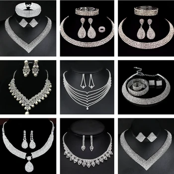 Svadobné Šperky Nastaviť Módne Luxusné Plný Diamond Lesklé Drahokamu Golier Náramok Náušnice Súbor Európskych a Amerických Šperky 10