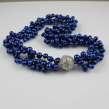 Tmavo Modrá Farba Pravých Sladkovodných Perlový Náhrdelník Triple Riadkov Skutočné Perly Šperky 18 Palcov Dokonalý Magnet Spona 4