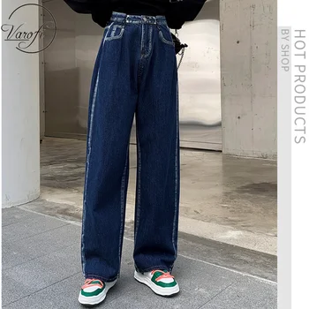 Varofi Hlboké modré džínsy s mnohými tlačidlá žien jeseň voľné rovnou nôh, vysoký pás a širokú nohu, nohavice y2k neforemné širokú nohu, džínsy
