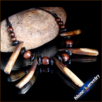 Veľkoobchod Tibetskej tribal šperky prírodné Dlhé zuby drevené korálky Kožený náhrdelník doprava Zadarmo 3