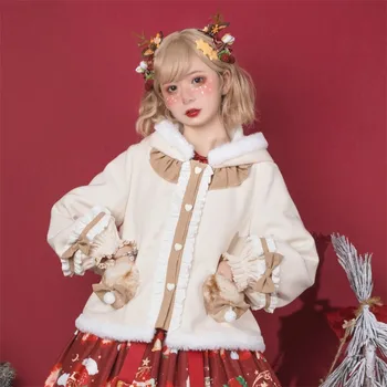 Vianočné Zimná Bunda Ženy Lolita Fleece linajkované Pribrala Dievča Mäkkej Tkaniny Kawaii Antler Klobúk, Kabát Roztomilý Plyšový Biely Kabát, Vetrovka