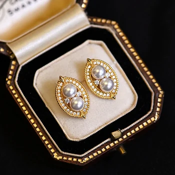 Vintage 14K Reálne zlatenie Rastlín Arašidové Pearl Náušnice pre Ženy Kvalitné Luxusné Šperky Lesklé AAA Zirkón Príslušenstvo 8