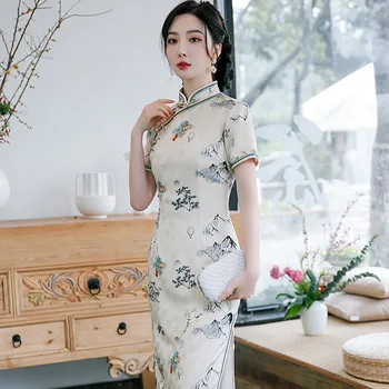 Vintage Kvetinový Tlač Qipao Ženy Cheongsam Čínske Šaty Tradičných Krátky Rukáv Formálnej Strany Šaty Veľké Veľkosti 3XL Vestidos