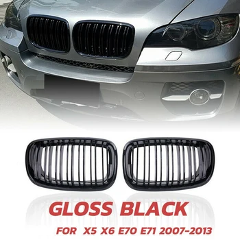 X5 X6 Gril, Vpredu Obličiek Double Line Mriežka na roky 2007-2013-BMW X5 X6 E70 E71 (ABS Lesklý Čierny Gril, 2-Pc Nastaviť) 1