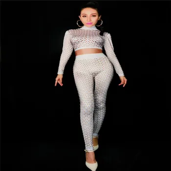 X84 Sexy ženy pól tanec kombinézu biela mriežka drahokamu jumpsuit natiahnuté vytlačené trikot kostým party dj siamské oblečenie bar 6