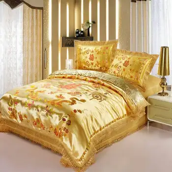 Červený satén Dragon/ phoenix čínske Svadobné posteľná bielizeň set print Moderné vyhovuje Žakárové Obliečky kráľovná/king size Zlato 11