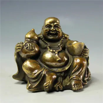 Čínsky Mosadze, Medi Yuanbao Bohatstvo Tekvica Šťastný Smiech Maitreya Budha Socha 6