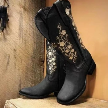 Štvorcové Prst Západnej Cowgirl Kovbojské Topánky pre Ženy, Dámy Úzke Polovici Teľa Vyšívané Spustiť Veľké Veľkosť 2