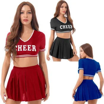 Ženy Cheerleading Jednotné Úlohu Hrať Oblečenie List Tlač Kontrast Farieb, Orezania V Krku Krátky Rukáv Plodín Top s Skladaná Sukňa 4