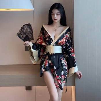 Ženy Japonskom Štýle Kimono Šaty Orientálne Oblečenie Lady Červená Čierna tvaru Sexy Šaty Kvetina Tlače Yukata Župan Šaty Šaty