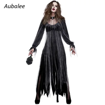Ženy Krajky Čiernej Gotické Šaty Halloween Horror Mŕtvych Kostým Party Čarodejnice Zombie Dlhý Rukáv Oka Šaty 5