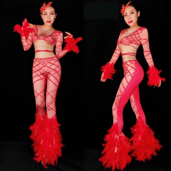 Ženy Sexy Červené Pierko Horela Jumpsuit Falošný Diamant Tlač Úsek Kombinézu Pól Tanečné Oblečenie Gogo Tanečnica Kostým 6